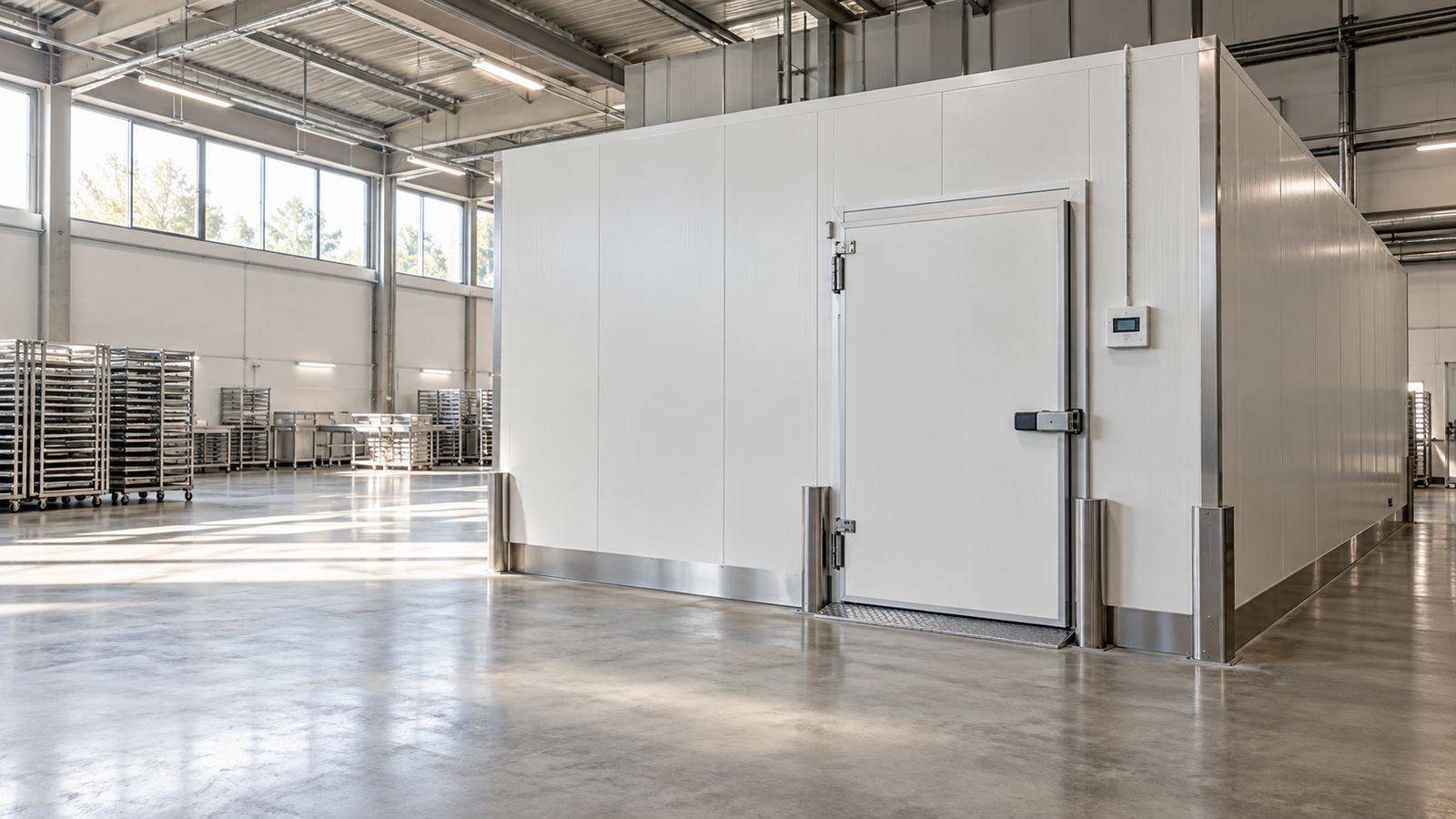Begehbare Kühlzelle aus weissen Paneelen mit Tür und Rammschutz in einer hellen Halle